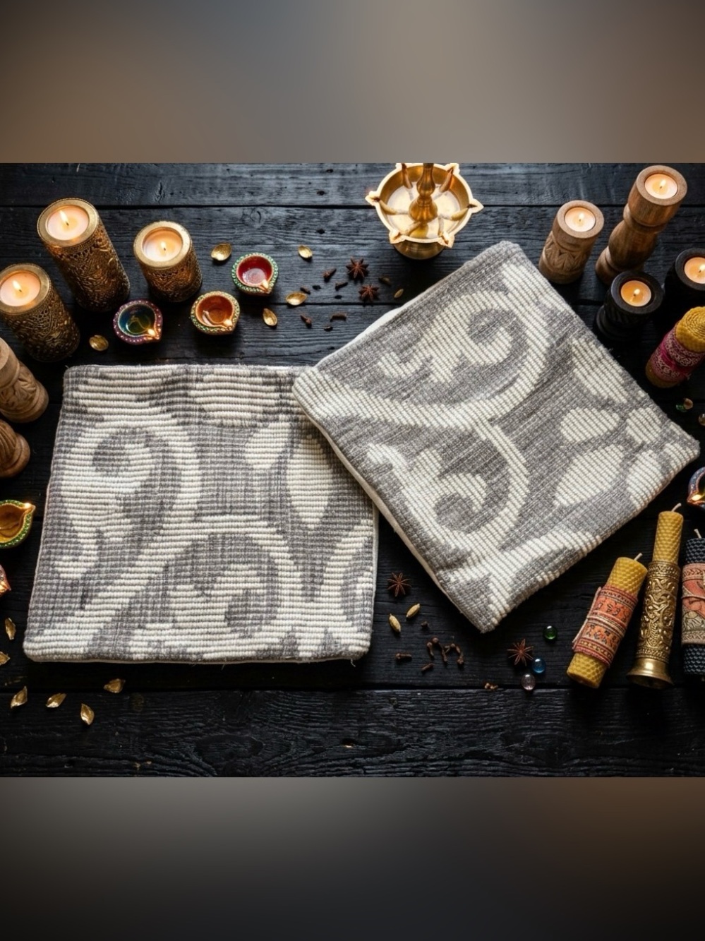Indian Decorative Woven Throw Pillow Covers in Gray & Cream